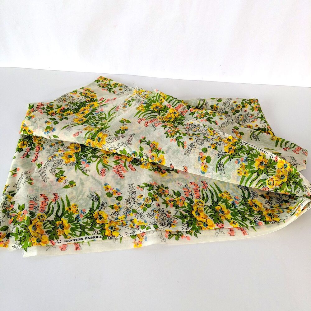 Crantex Fabric 1970s Vintage Floral Semi-share 52 x 44 in Yellow  Pink  Blue MCM